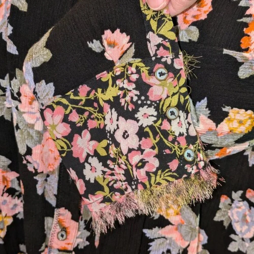 Free People Black Floral Mixed Media Button‎ Down Blouse Top